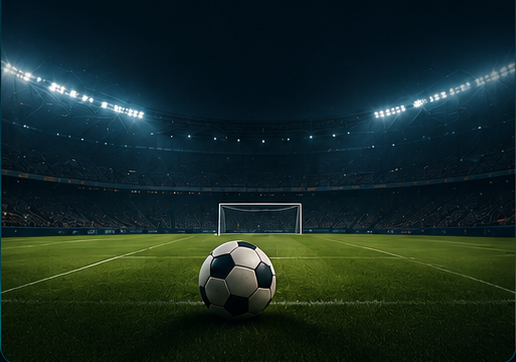 Floodlit football stadium at night with a soccer ball on the pitch in front of the goal