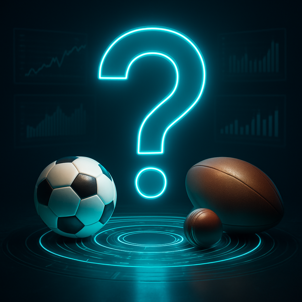 Glowing cyan question mark surrounded by football, rugby and cricket balls with floating analytics panels